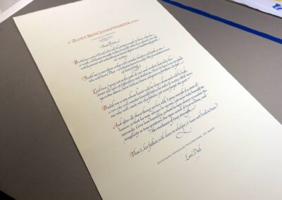 Hand-written by calligrapher, John Stevens