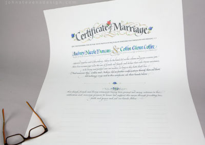 Marriage Certificate with lines for signatures in the Quaker Wedding certificate tradition