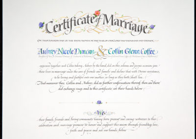 Marriage Certificate with lines for signatures in the Quaker Wedding certificate tradition.