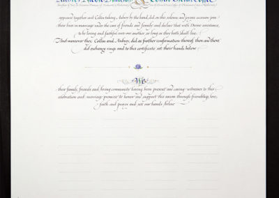 Marriage Certificate with lines for signatures in the Quaker Wedding certificate tradition