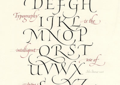 Calligraphy (pen), black sumi ink on Whatman hand made vintage paper. Quote written in red around the flourished alphabet.
