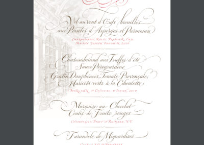 Calligraphy Hand Lettering by John Stevens for menu to exclusive dinner at Palace Versailles, hosted by chef Alex Hitz