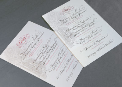 Calligraphy Hand Lettering by John Stevens for menu to exclusive dinner at Palace Versailles, hosted by chef Alex Hitz