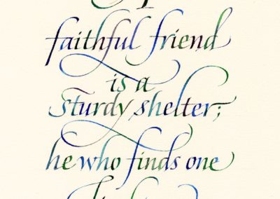 Showing calligraphy sample of the Italic Hand in watercolor by John Stevens