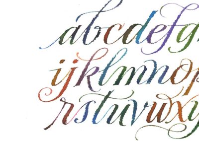Calligraphy Hand Lettering Alphabet in watercolor on coldpress paper. Written with ruling pen.