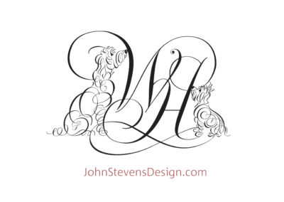 A monogram designed by John Stevens depicting the initials and two dogs of the owner.