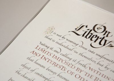 Showing calligraphy sample of John Stevens for quotation commission. On Liberty