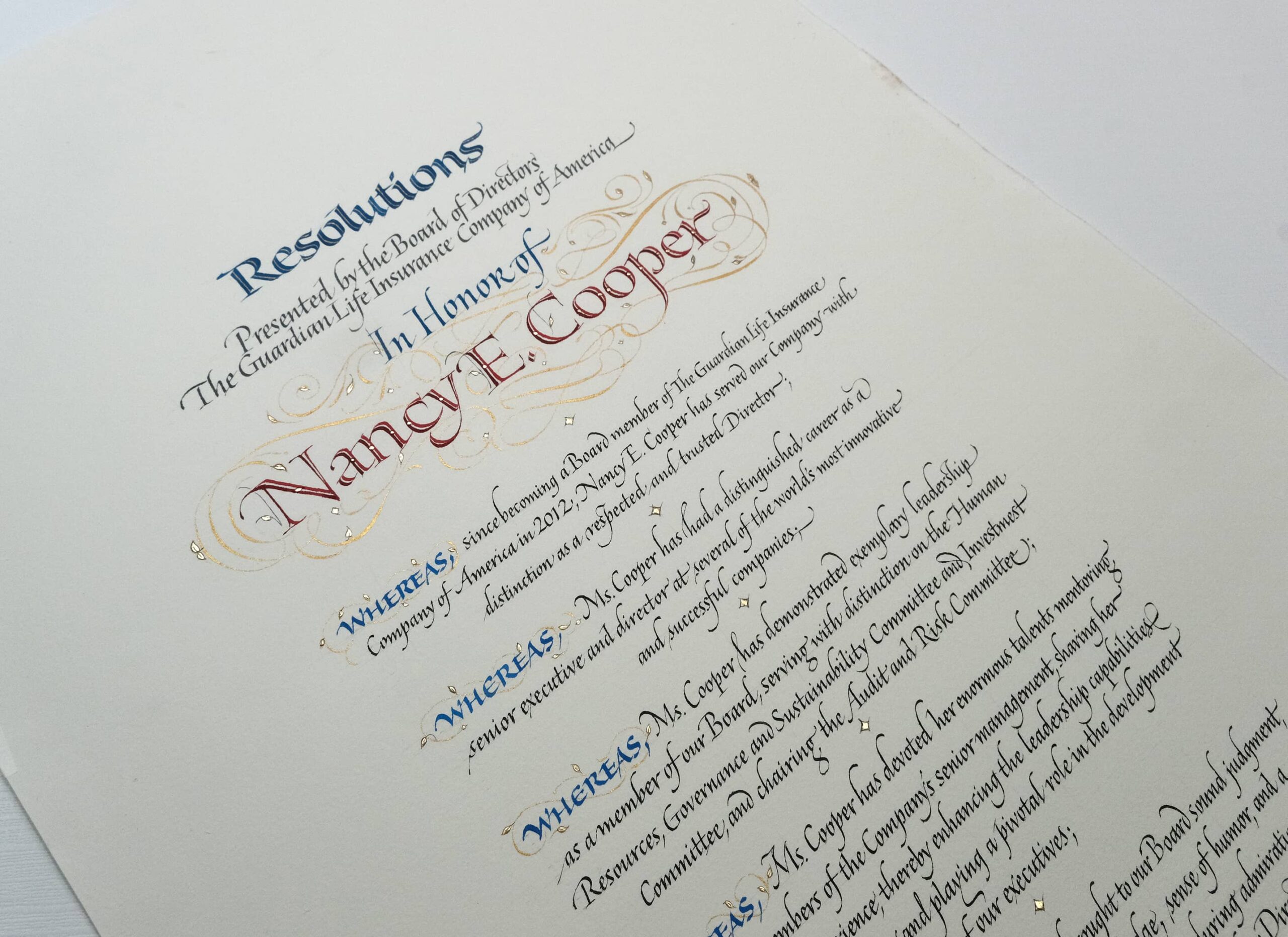 A masterful piece of calligraphy for a corporate Resolution.