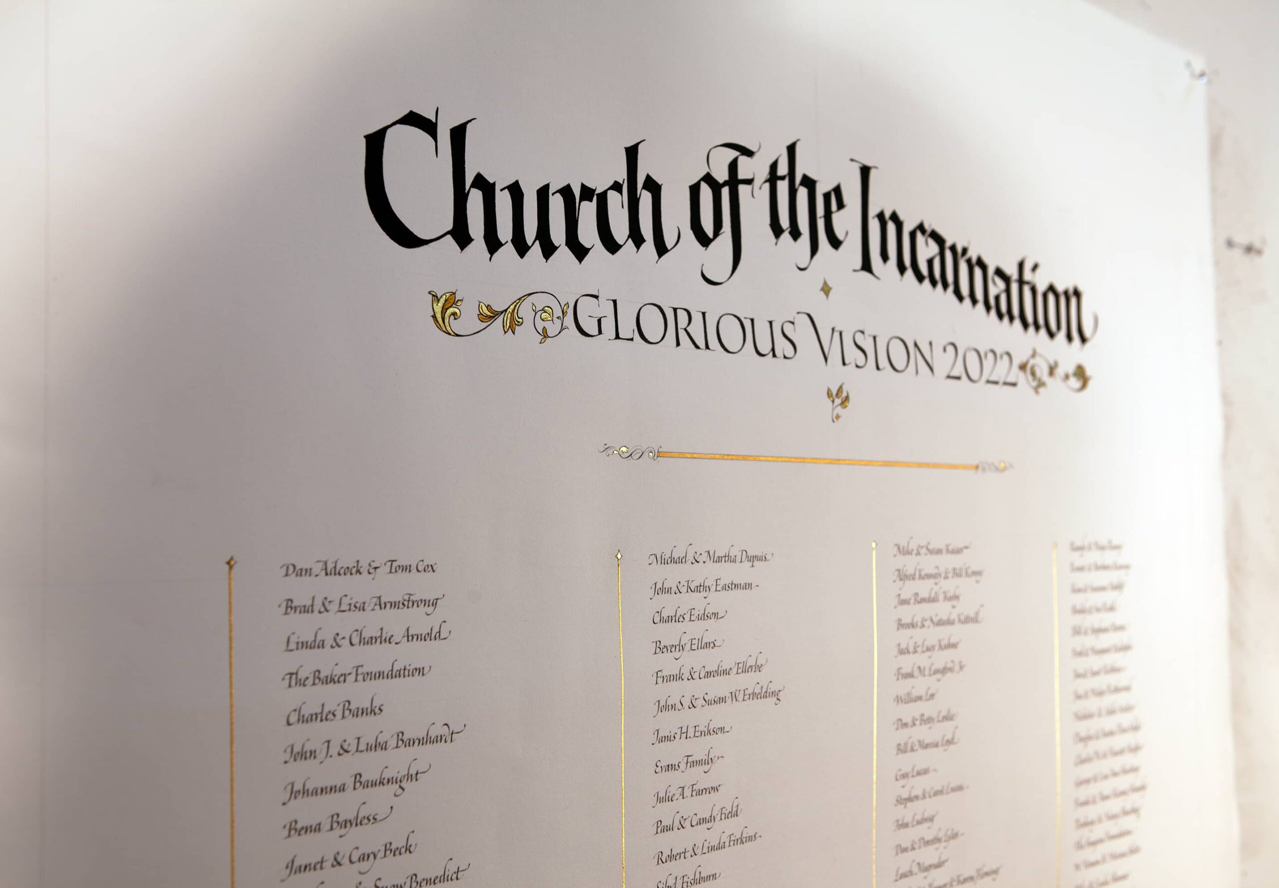 A significant donor appreciation wall-hanging, written in calligraphy to thank donors to a Church.