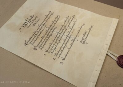 A mission statement written of Vellum with wax seal (laced through the page)