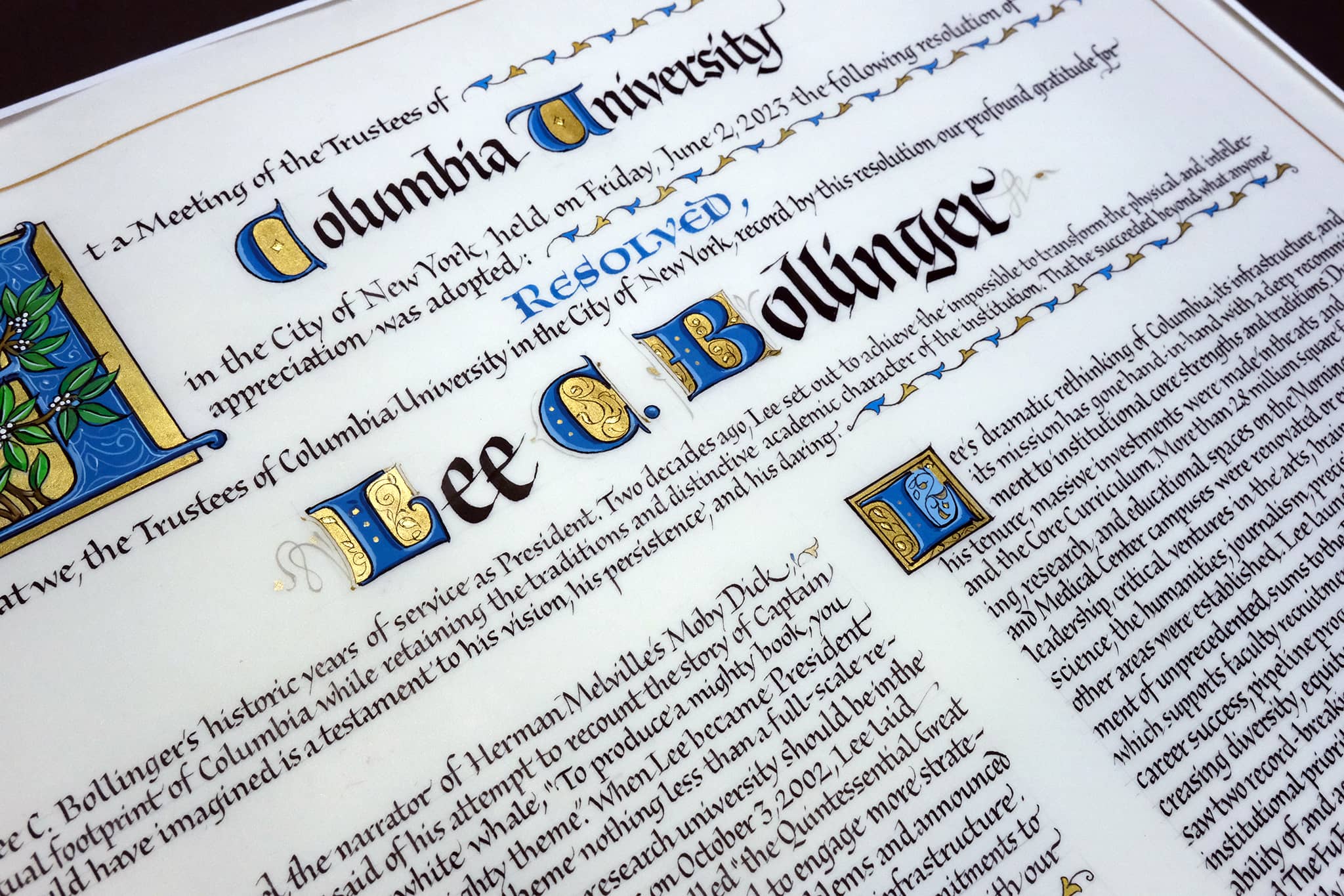 Resolution/Scroll, calligraphy on vellum with gold leaf.